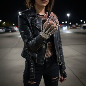 NEW Women Silver Metal Hand Chain Bracelet 5 Finger Skeleton Ring Skull Bikers